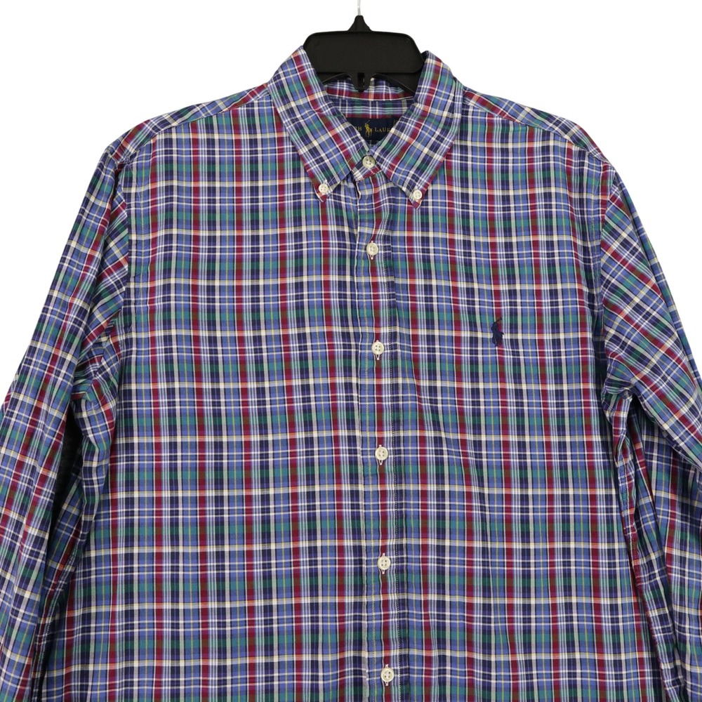 Ralph Lauren Button Front Shirt Men L Blue Plaid 100% Cotton Long Sleeve Classic